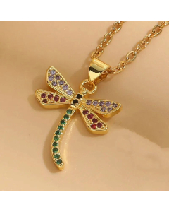 Fashion Plating 14K Gold Plated Dragonfly Bee Round Pendant Stainless Steel Necklace