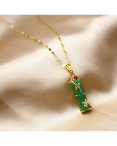Fashion Bamboo Inlay Rhinestones Pendant Stainless Steel Necklace
