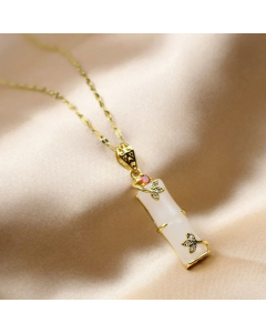 Retro Bamboo Inlay Rhinestones Pendant Stainless Steel Necklace