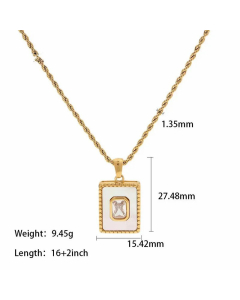 Elegant Retro Square Inlay Shell Zircon Gold Plated Pendant Stainless Steel Necklace