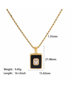 Retro Square Inlay Shell Zircon Gold Plated Pendant Stainless Steel Necklace