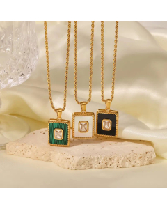 Wholesale Stainless Steel Necklace Elegant Retro Square Inlay Shell Zircon Gold Plated Pendant Necklace