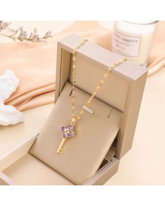Refined Key Zircon Inlaid Gold Plated Pendant Stainless Steel Necklace