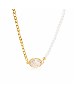 Elegant Oval Stainless Steel Inlay Artificial Pearls Zircon Necklace