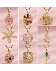 Elegant Shiny Maple Leaf Flower Stainless Steel Plating Inlay Zircon 18K Gold Plated Pendant Necklace