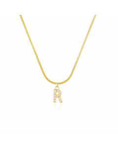 Letter R Zircon Inlaid 14K Gold Plated Stainless Steel Pendant Necklace