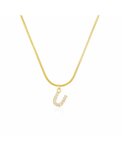 Letter U Zircon Inlaid 14K Gold Plated Stainless Steel Pendant Necklace