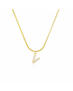 Letter V Zircon Inlaid 14K Gold Plated Stainless Steel Pendant Necklace