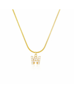 Letter W Zircon Inlaid 14K Gold Plated Stainless Steel Pendant Necklace