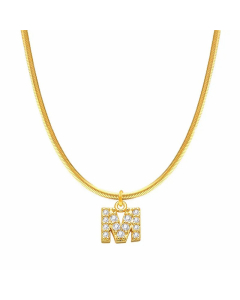 Letter M Stainless Steel Inlay Zircon 14K Gold Plated Pendant Necklace