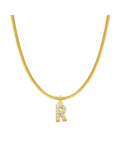 Letter R Stainless Steel Inlay Zircon 14K Gold Plated Pendant Necklace