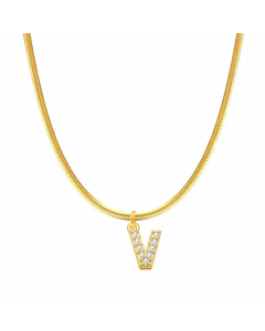 Letter V Stainless Steel Inlay Zircon 14K Gold Plated Pendant Necklace