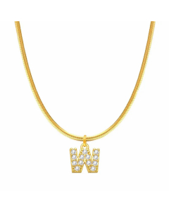 Letter W Stainless Steel Inlay Zircon 14K Gold Plated Pendant Necklace