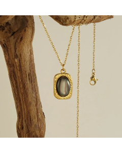 Retro Oval Stainless Steel Inlay Opal 18K Gold Plated Pendant Necklace