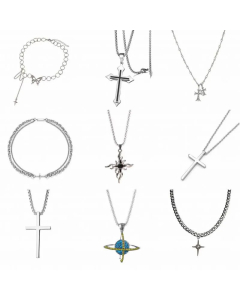 Hip-Hop Vintage Style Punk Cross Planet Butterfly Inlay Artificial Diamond Stainless Steel Necklace