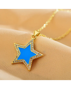 Blue Shiny Sweet Star Enamel Inlay Zircon Pendant Stainless Steel Necklace