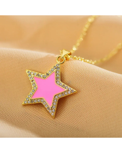 Pink Shiny Sweet Star Enamel Inlay Zircon Pendant Stainless Steel Necklace