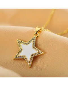 White Shiny Sweet Star Enamel Inlay Zircon Pendant Stainless Steel Necklace