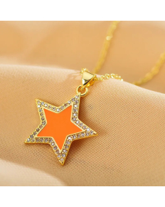 Orange Shiny Sweet Star Enamel Inlay Zircon Pendant Stainless Steel Necklace