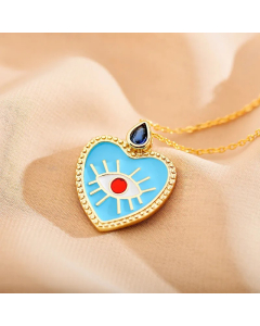 Blue Modern Style Devil's Eye Heart Shape Enamel Inlay Zircon Stainless Steel Pendant Necklace