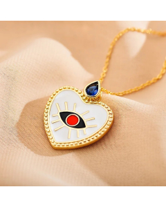 White Modern Style Devil's Eye Heart Shape Enamel Inlay Zircon Stainless Steel Pendant Necklace