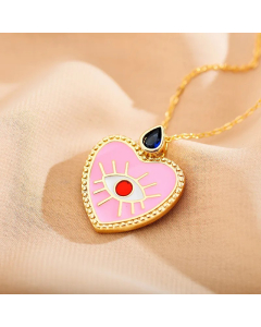 Pink Modern Style Devil's Eye Heart Shape Enamel Inlay Zircon Stainless Steel Pendant Necklace