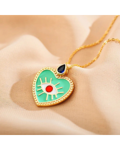 Light Green Modern Style Devil's Eye Heart Shape Enamel Inlay Zircon Stainless Steel Pendant Necklace