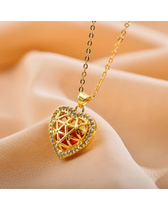 Fashion Heart Shape Hollow Out Inlay Zircon Pendant Stainless Steel Necklace
