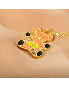 Orange Animal Bear Enamel Inlay Zircon Stainless Steel Pendant Necklace