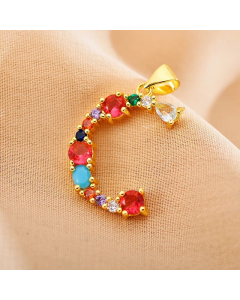 Modern Style Shiny Letter C Inlay Glass Stone Zircon Stainless Steel Pendant Necklace