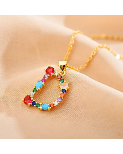 Modern Style Shiny Letter D Inlay Glass Stone Zircon Stainless Steel Pendant Necklace