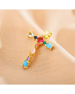 Modern Style Shiny Letter T Inlay Glass Stone Zircon Stainless Steel Pendant Necklace