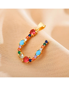 Modern Style Shiny Letter U Inlay Glass Stone Zircon Stainless Steel Pendant Necklace