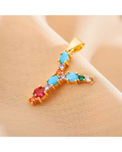 Modern Style Shiny Letter Y Inlay Glass Stone Zircon Stainless Steel Pendant Necklace