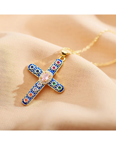 Blue Novelty Trendy Cross Enamel Plating Inlay Zircon Pendant Stainless Steel Necklace 