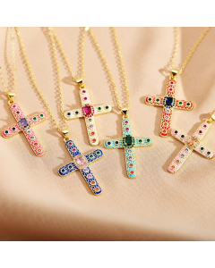 Wholesale Stainless Steel Necklace Novelty Trendy Cross Enamel Plating Inlay Zircon Pendant Necklace