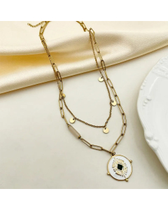 Vacation Modern Style Round Stainless Steel Metal Enamel Plating Inlay Diamond 14K Gold Plated Layered Necklaces