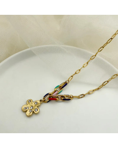 Retro Artistic Flower Stainless Steel Enamel Plating Inlay Zircon Gold Plated Pendant Necklace