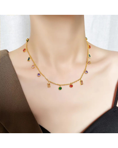 Elegant Round Square Titanium Steel Inlay Zircon 18K Gold Plated Necklace