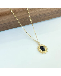Black Bohemian Oval Inlay Natural Stone 14K Gold Plated Stainless Steel Pendant Necklace