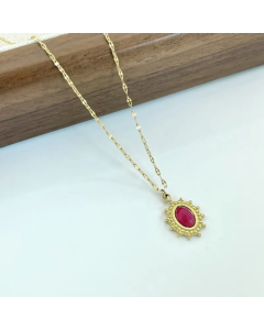 Red Bohemian Oval Inlay Natural Stone 14K Gold Plated Stainless Steel Pendant Necklace