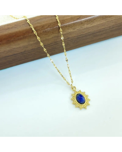 Blue Bohemian Oval Inlay Natural Stone 14K Gold Plated Stainless Steel Pendant Necklace