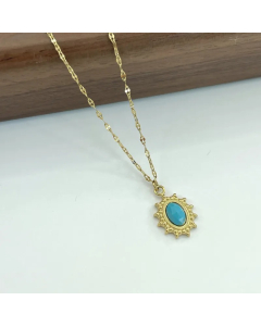 Triquoise Bohemian Oval Inlay Natural Stone 14K Gold Plated Stainless Steel Pendant Necklace