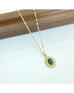 Green Bohemian Oval Inlay Natural Stone 14K Gold Plated Stainless Steel Pendant Necklace