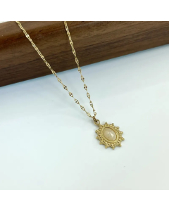 White Bohemian Oval Inlay Natural Stone 14K Gold Plated Stainless Steel Pendant Necklace