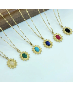 Wholesale Stainless Steel Necklace Bohemian Oval Inlay Natural Stone 14K Gold Plated Pendant Necklace