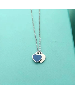 Blue Simple Style Double Heart Shape Enamel Pendant Stainless Steel Necklace 