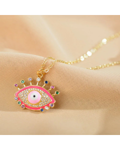 Elegant Glam Luxurious Eye Enamel Inlay Zircon Pendant Stainless Steel Necklace 