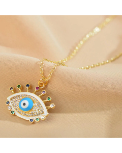 Luxurious Eye Enamel Inlay Zircon Pendant Stainless Steel Necklace 