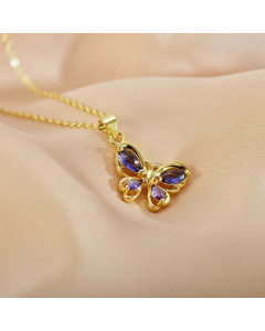 Purple Butterfly Stainless Steel Hollow Out Inlay Zircon Pendant Necklace